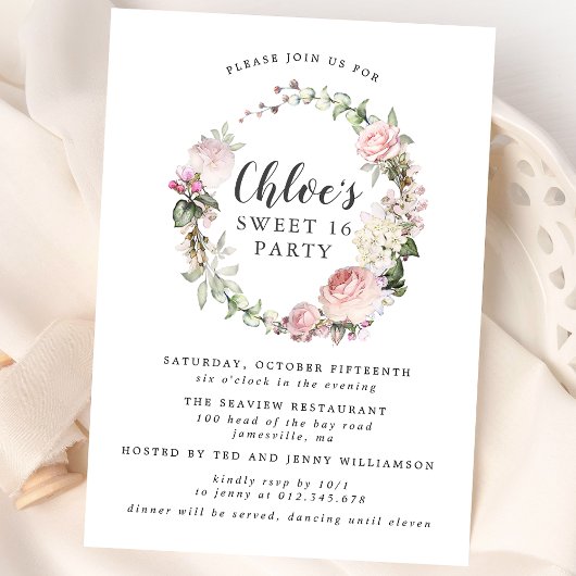 Invitation Sweet sixteen rose blanc fleuri