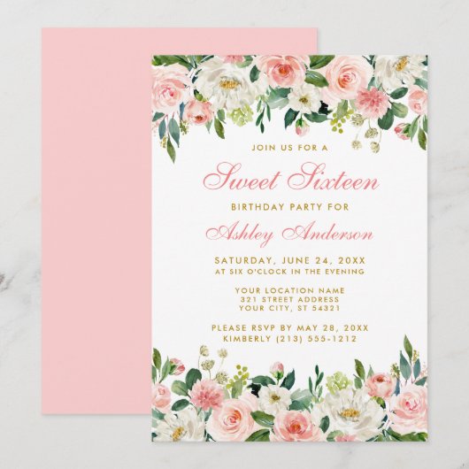 Invitation Sweet sixteen Rose Blush Or Floral (Devant / Derrière)