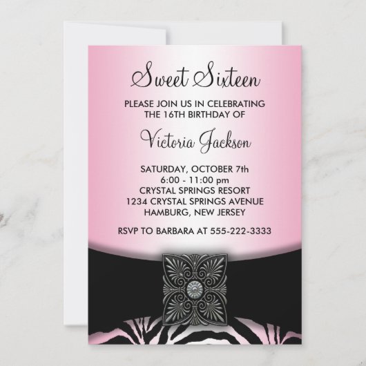 Invitation Sweet sixteen rose et noir Zebra (Devant)