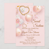 Invitation Sweet sixteen rose et or fête d'anniversaire (Devant / Derrière)