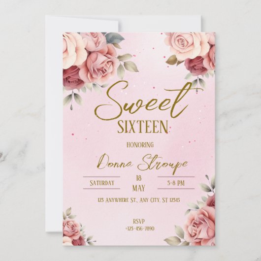 Invitation Sweet sixteen rose floral (Devant)