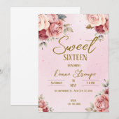 Invitation Sweet sixteen rose floral (Devant / Derrière)