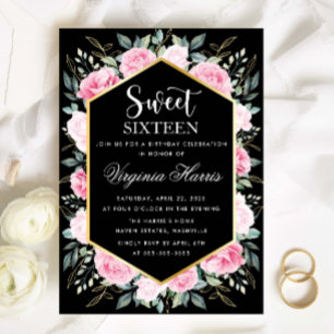 Invitation Sweet sixteen rose floral noir 16 Anniversaire