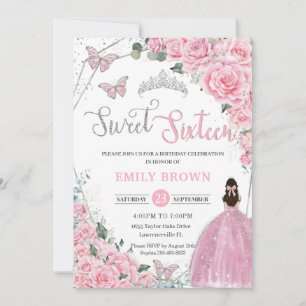 Invitation Sweet sixteen Rose Floral Princesse Argent Anniver