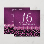 Invitation " sweet sixteen " rose noir célébration tous âges (Devant / Derrière)