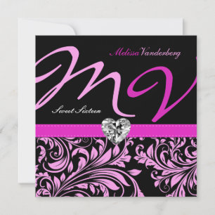 Invitation Sweet sixteen rose/noir élégant de monogramme de