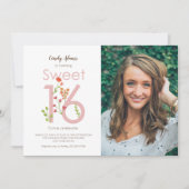 Invitation Sweet sixteen rose pâle avec fleurs d'aquarelle (Devant)