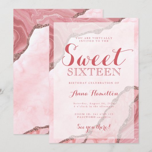 Invitation Sweet sixteen Rose rose pâle Agate virtuel Anniver (Devant / Derrière)