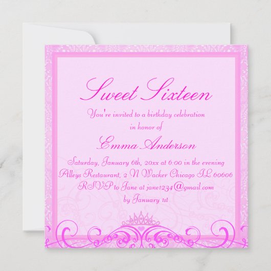 Invitation Sweet sixteen rose Tiara (Devant)