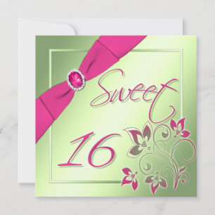 Invitation Sweet sixteen rose, vert et jaune