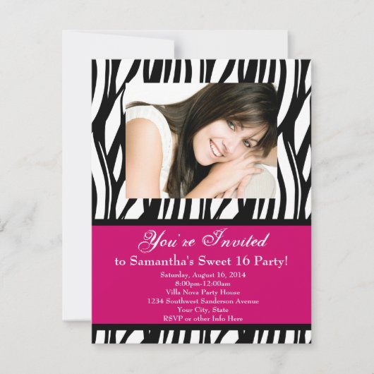 Invitation Sweet sixteen rose Zebra (Devant)