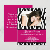 Invitation Sweet sixteen rose Zebra (Devant / Derrière)