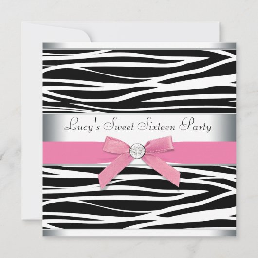 Invitation Sweet sixteen rose Zebra fête d'anniversaire (Devant)