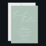 Invitation Sweet sixteen Script Sage Green Mint 16e anniversa<br><div class="desc">Jolies et simplistes invitations à 16ème anniversaire avec titre "Sweet sixteen" texte en caractères blancs sur un arrière - plan vert pastel aérée. L'envers comporte un motif du mot "seize" dans le script de coordination. Le motif latéral inverse, ainsi que la couleur arrière - plan, peuvent être modifiés à l'aide...</div>