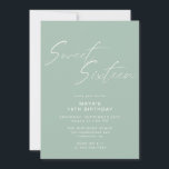 Invitation Sweet sixteen Script Sage Green Mint 16e anniversa<br><div class="desc">Jolies et simplistes invitations à 16ème anniversaire avec titre "Sweet sixteen" texte en caractères blancs sur un arrière - plan vert pastel aérée. L'envers comporte un motif du mot "seize" dans le script de coordination. Le motif latéral inverse, ainsi que la couleur arrière - plan, peuvent être modifiés à l'aide...</div>