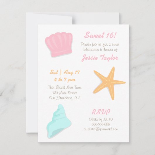 Invitation Sweet sixteen Seashells Beach fête d'anniversaire (Devant)