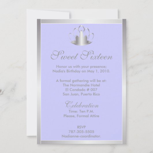 Invitation Sweet sixteen Silver/Blue Tiara Invitation-Cust. (Devant)