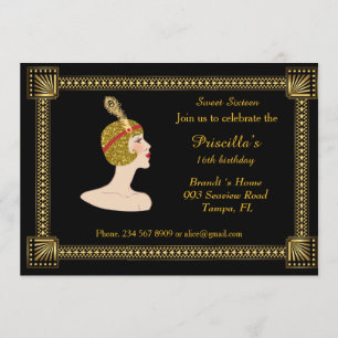 Invitation Sweet sixteen, style Gatsby, noir et or