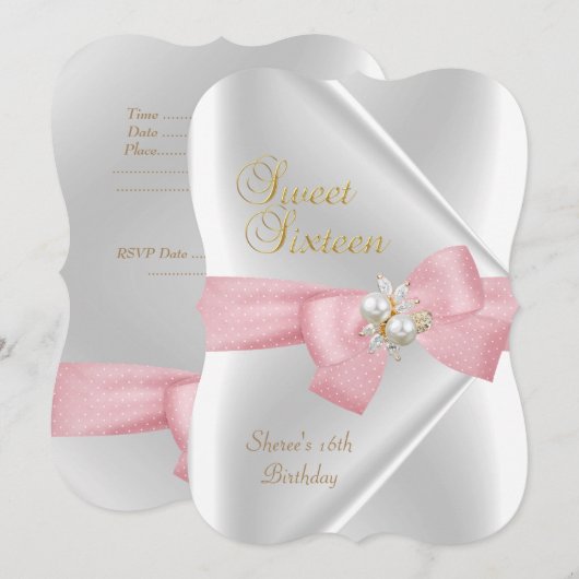Invitation Sweet sixteen Sweet 16 Bijou perle blanche Bow ros (Devant / Derrière)