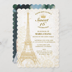 Invitation Sweet sixteen : Tour Eiffel Or et Accent Floral
