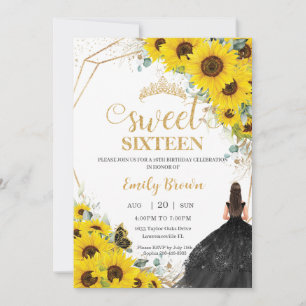 Invitation Sweet sixteen Tournesol Floral Or robe noire