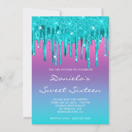 Invitation Sweet sixteen Turquoise de de séchage rose violet (Devant)