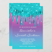 Invitation Sweet sixteen Turquoise de de séchage rose violet (Devant / Derrière)