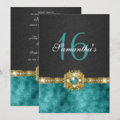 Invitation "sweet sixteen" turquoise noir 16 ans (Devant / Derrière)