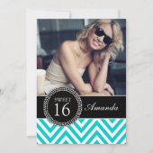 INVITATION SWEET SIXTEEN TURQUOISE ZIG ZAG CHEVRON MOTIF (Devant)