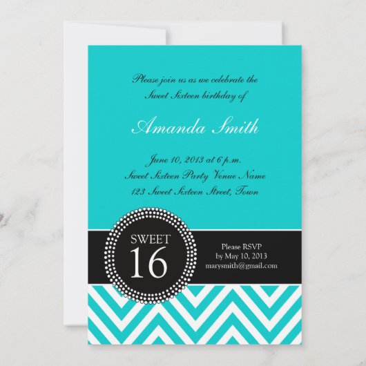 INVITATION SWEET SIXTEEN TURQUOISE ZIG ZAG CHEVRON MOTIF (Dos)