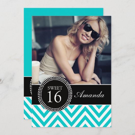 INVITATION SWEET SIXTEEN TURQUOISE ZIG ZAG CHEVRON MOTIF (Devant / Derrière)