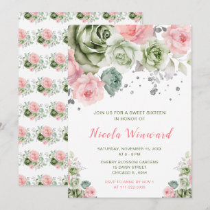 Invitation Sweet sixteen vert Sage et rose Floral