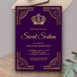 Invitation Sweet sixteen vintage de couronne orné d'or violet<br><div class="desc">Éblouissez vos invités avec cette invitation de sweet sixteen à thème royal avec une élégante bordure dorée et une belle couronne. Ajoutez simplement les détails de votre événement sur ce modèle facile à utiliser pour en faire une invitation unique. Retournez la carte pour révéler un beau motif d'or au dos...</div>