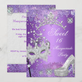 Invitation Sweet sixteen violet 16 Masquerade Party Tiara (Devant / Derrière)