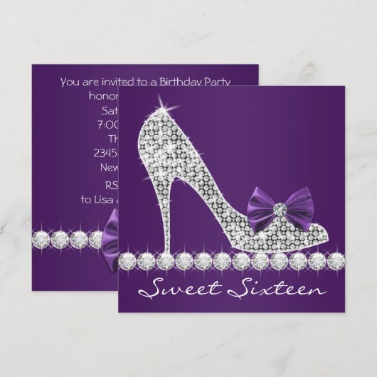 Invitation Sweet sixteen violet à talons hauts fête d'anniver (Devant / Derrière)
