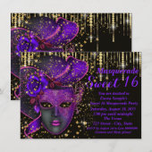 Invitation Sweet sixteen violet et or masquerade (Devant / Derrière)