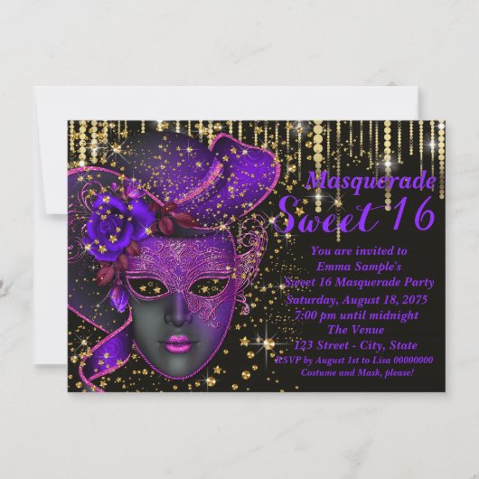 Invitation Sweet sixteen violet et or masquerade (Devant)