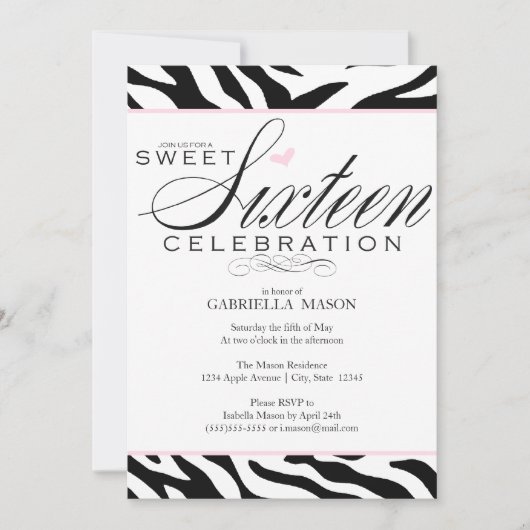 Invitation Sweet sixteen Zebra (Devant)