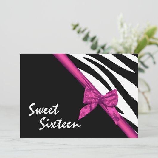 Invitation Sweet sixteen Zebra et Ribbon rose (Debout devant)