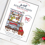 Invitation Sweet Snowman Candy Cart Watercolor Fête de vacanc<br><div class="desc">Voici notre invitation "A Sweet Holiday Party", où le pays des merveilles hivernales rencontre le charme boisé ! Doté d'une délicieuse aquarelle illustrant un bonhomme de neige amical, Frosty, qui s'occupe de sa charrette à bonbons qui fourmille de friandises de saison. Joignez-vous à la fête en perchant un petit écureuil...</div>