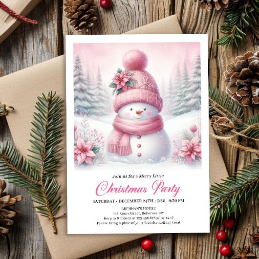 Invitation Sweet Snowy Forest Pink Snowman Editable Christmas