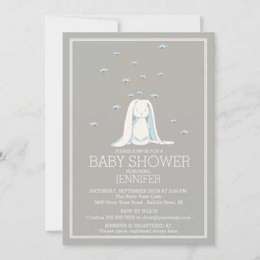 Invitation Sweet Spring Blue Boys Bunny Baby shower (Devant)