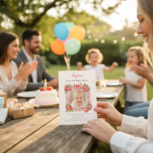 Invitation Sweet Strawberry Photo Card First Birthday