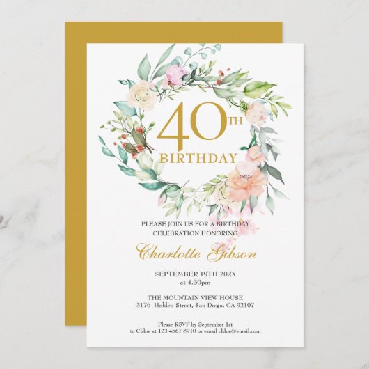 Invitation Sweet Summer Roses Garland Monogramme 40e annivers (Devant / Derrière)