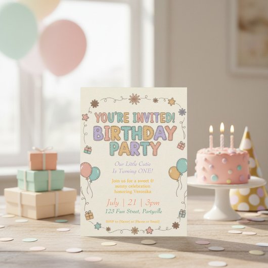 Invitation Sweet & Sunny Retro Felt Letters 1st Birthday