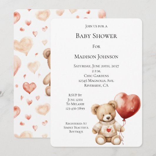 Invitation Sweet Teddy Bear Baby shower de ballon coeur (Devant / Derrière)