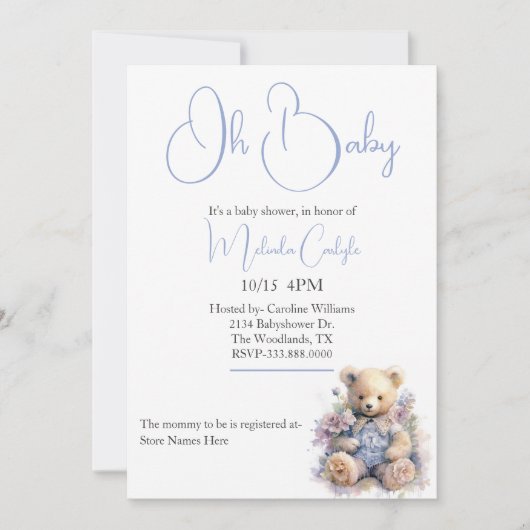 Invitation Sweet Teddy Bear Baby shower garçon (Devant)