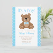 Invitation Sweet Teddy Bear Blue Polka Baby shower point (Debout devant)