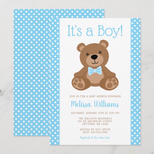 Invitation Sweet Teddy Bear Blue Polka Baby shower point (Devant / Derrière)