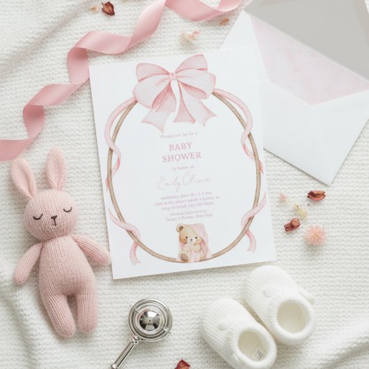 Invitation Sweet Teddy Bear & Pink Bow Baby Girl Shower